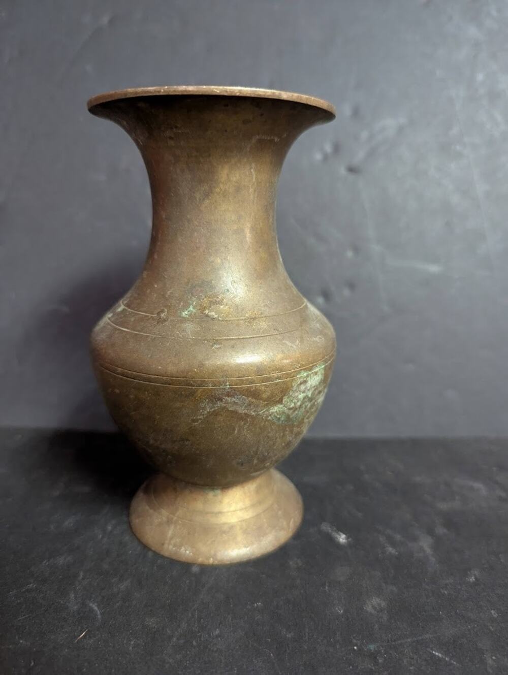 Antique 6" banded brass vase footed Patina flared neck round body Far East